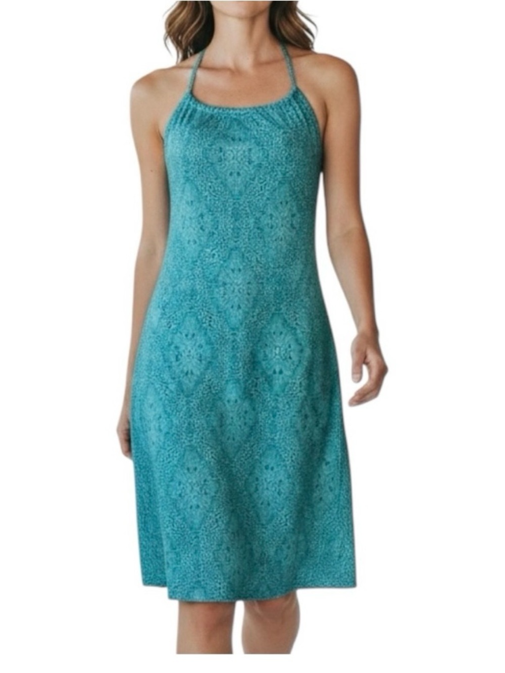 Prana Breathe Quinn Teal Geometric Athletic Halter Dress Shelf Bra Sleeveless